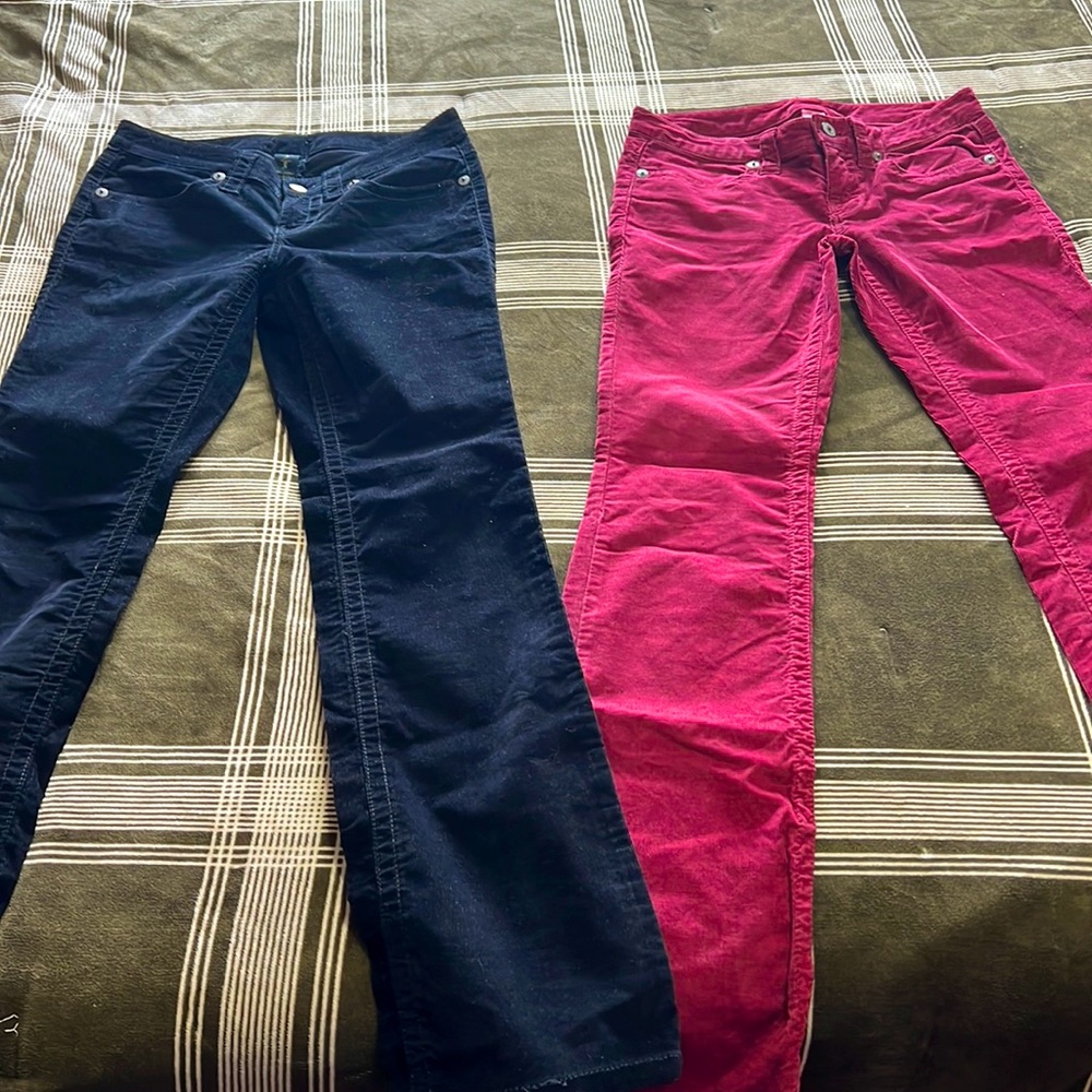 2 pack of long flared corduroy pants, 1 black, 1 mulled wine